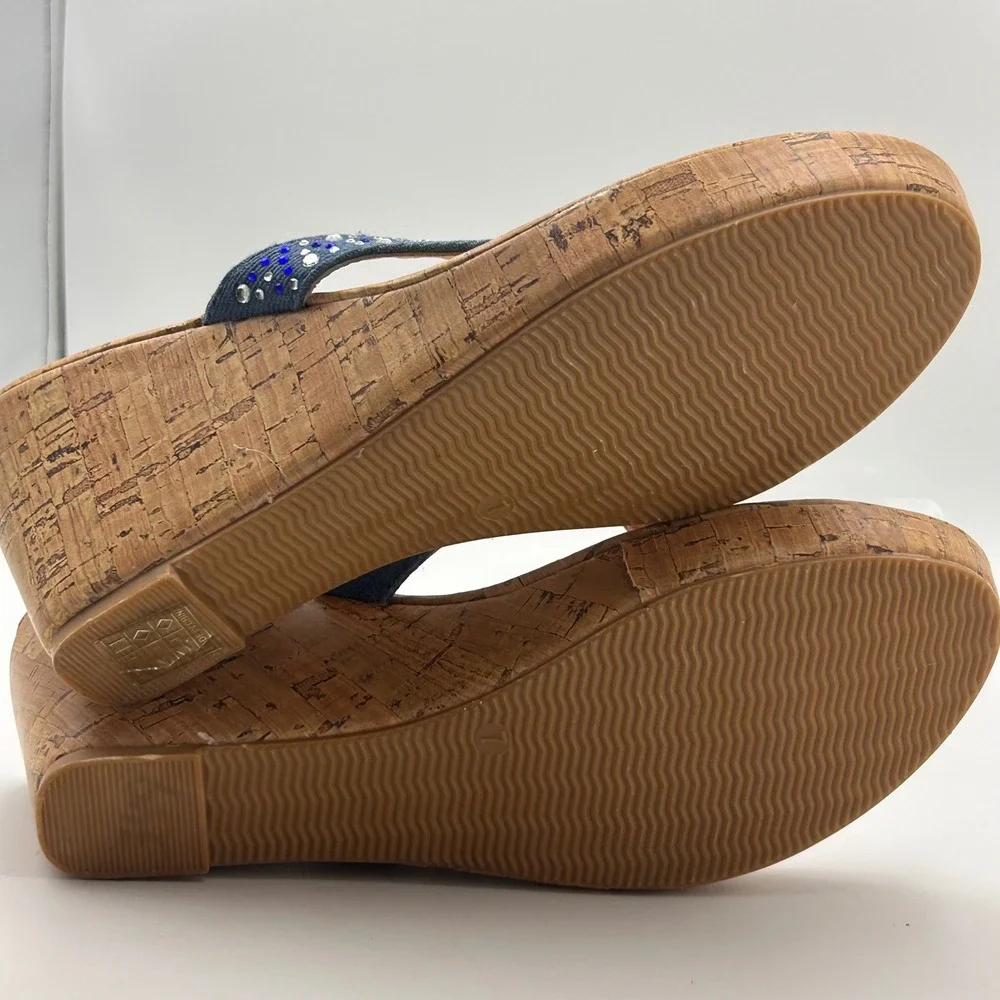 Ashley Blue‎ Wedge Sandals Womens 7 Blue Denim Rhinestone Cork Platform Y2K Boho